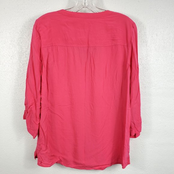 Chico's Women's Coral Pink Embroidered Henley Style Button Down Shirt Top Blouse - Picture 8 of 13